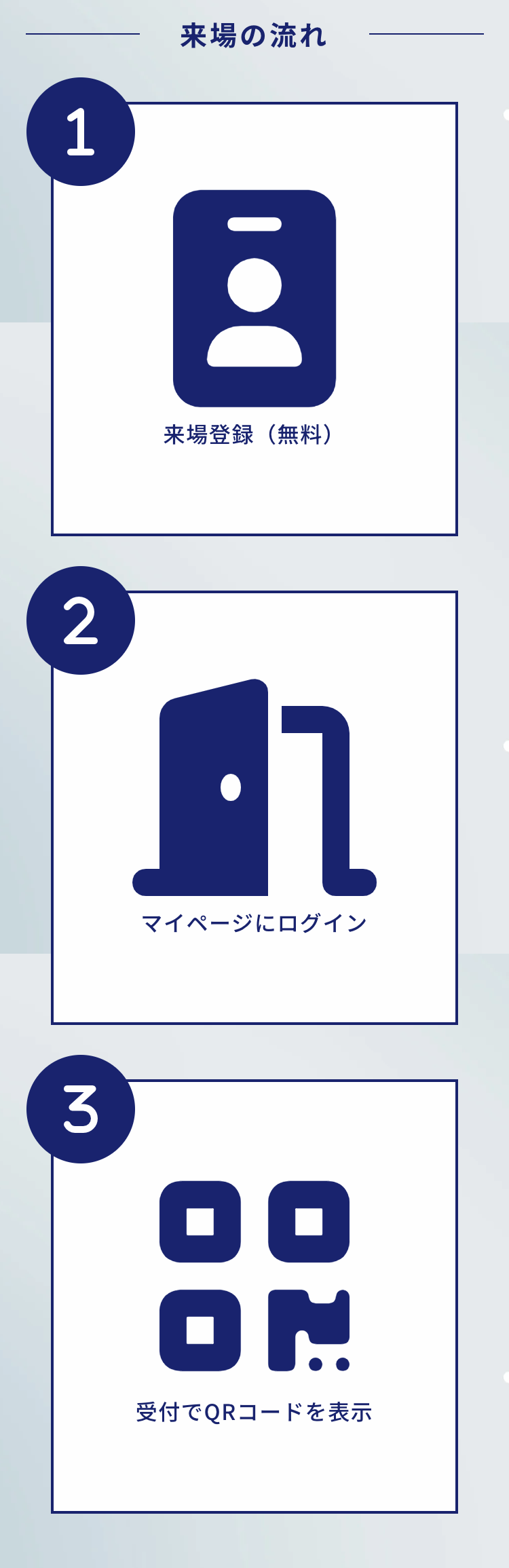 来場の流れ
1
来場登録(無料)
2
マイページにログイン
3
受付でQRコードを表示